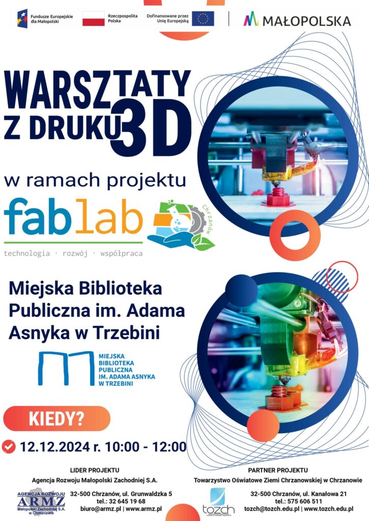 Warsztaty z druku 3D w MBP im. Adama Asnyka w Trzebini - plakat